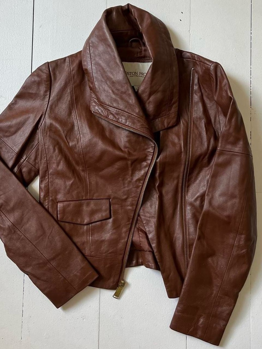 Boston Proper Chestnut Brown Leather Moto Jacket